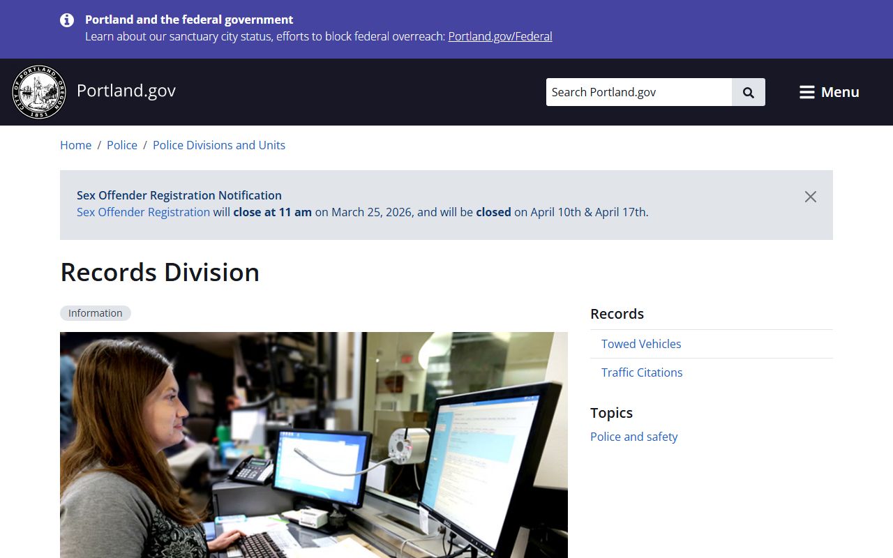 Portland Police Records Division for Portland arrest records