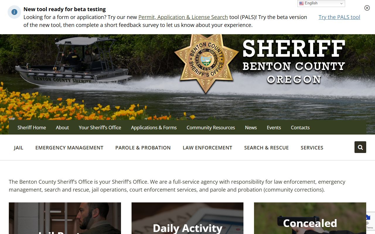 Benton County Sheriff's Office website homepage for busted mugshots records