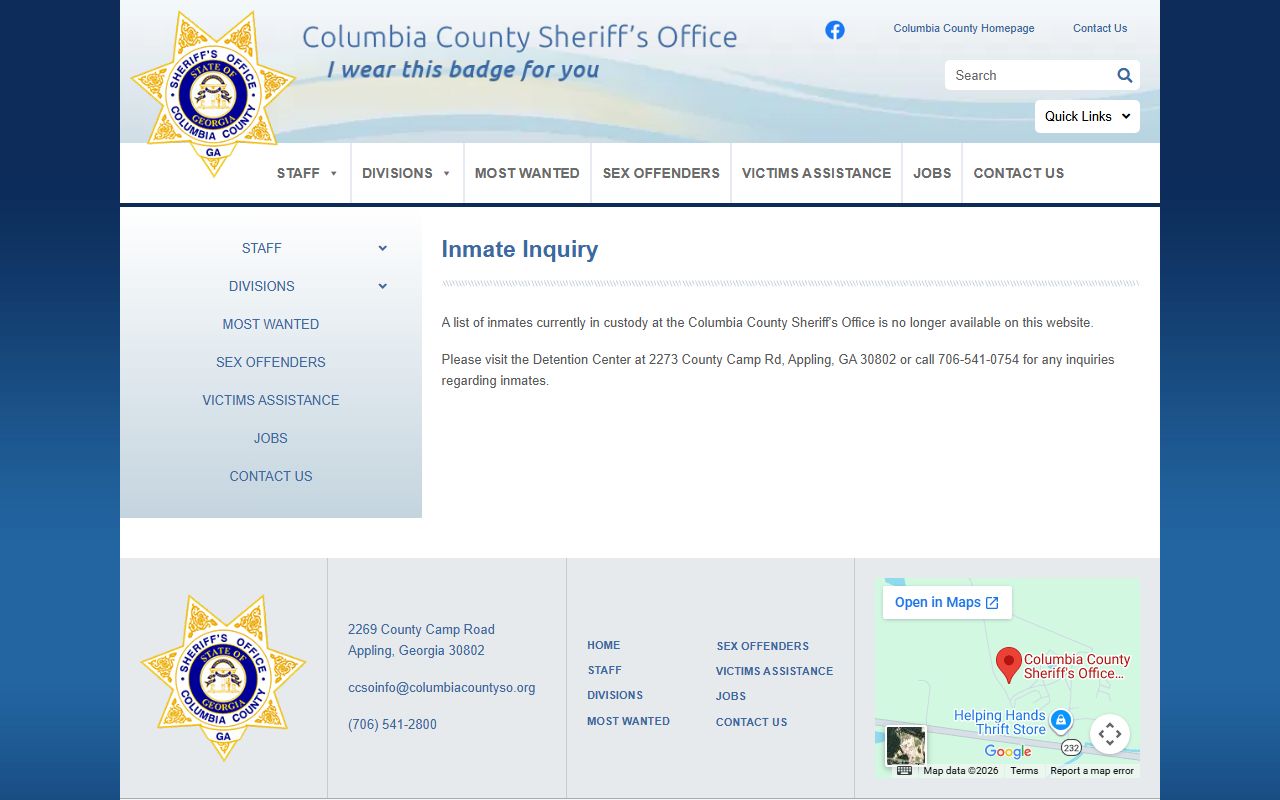 Columbia County inmate inquiry page for busted mugshots lookup