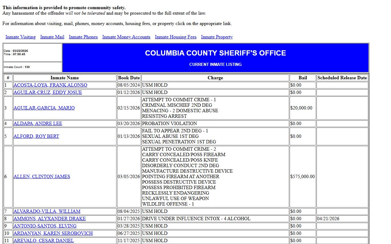 Columbia County inmate roster showing arrest records and booking details
