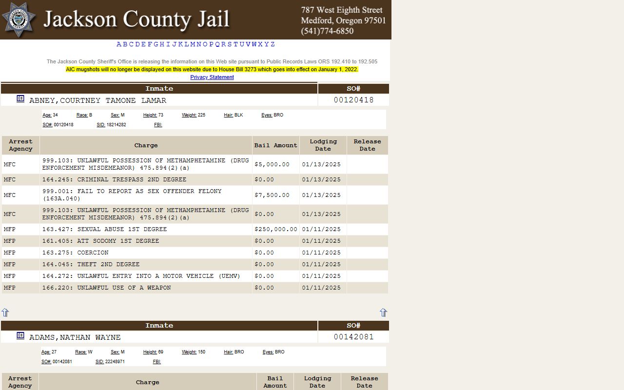 Jackson County inmate search portal showing booking records and arrest data