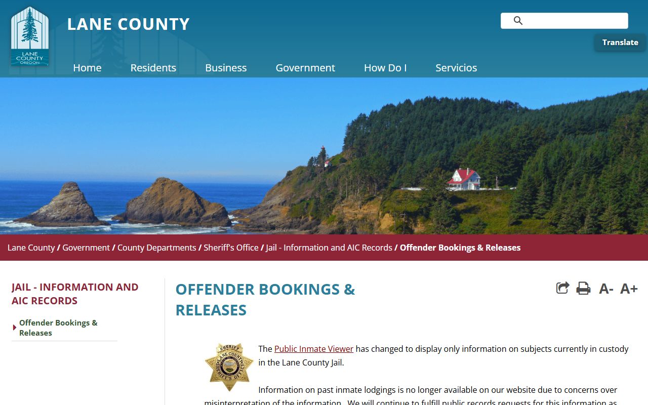 Lane County bookings and releases page showing recent arrest records and busted mugshots data