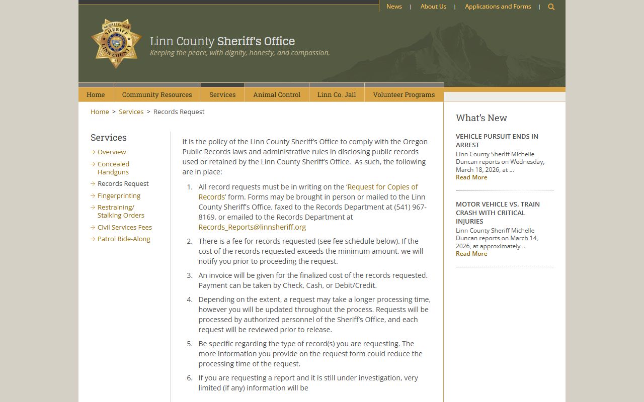 Linn County Sheriff records request page for obtaining arrest reports