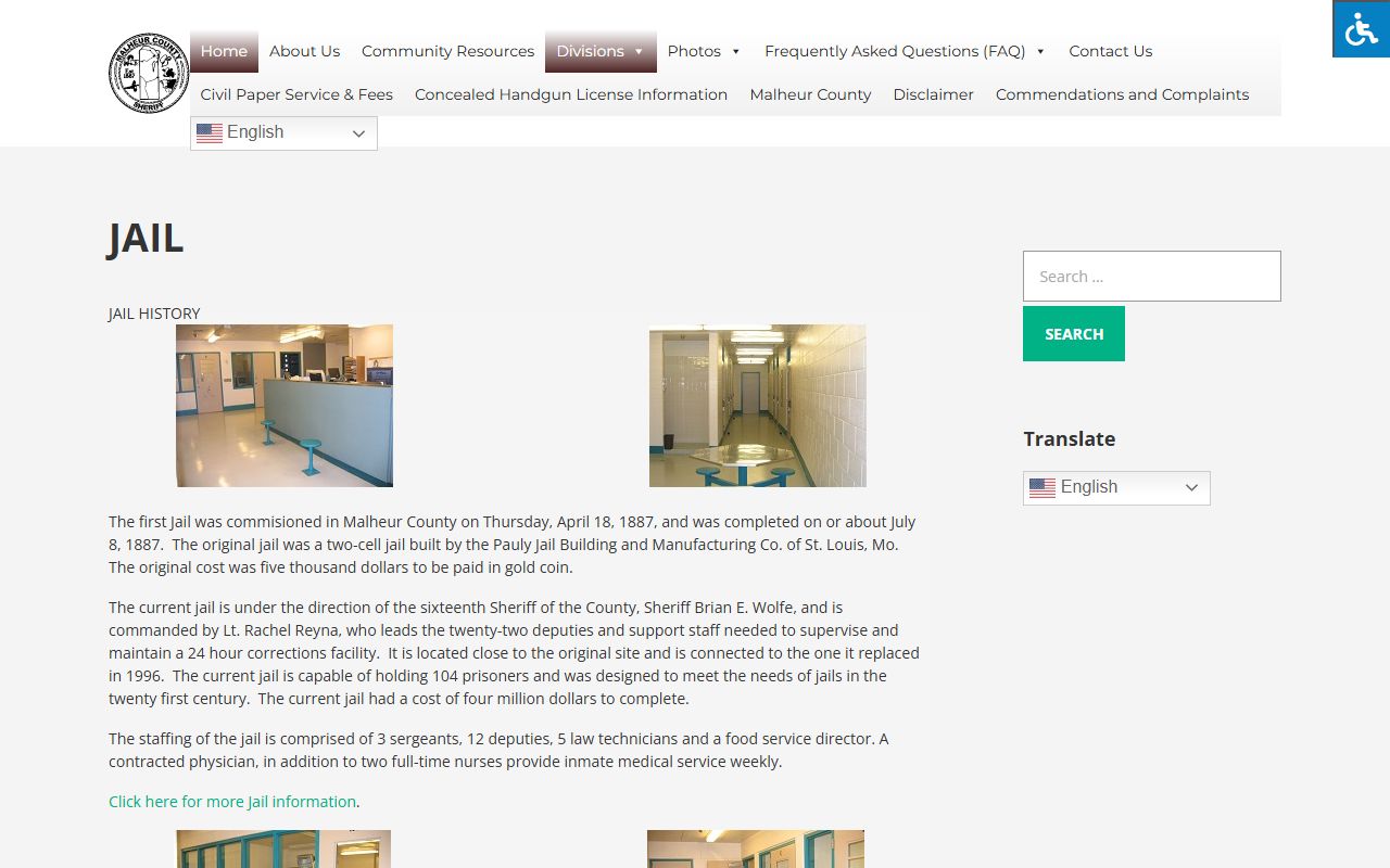 Malheur County jail information page for the correctional facility in Vale Oregon