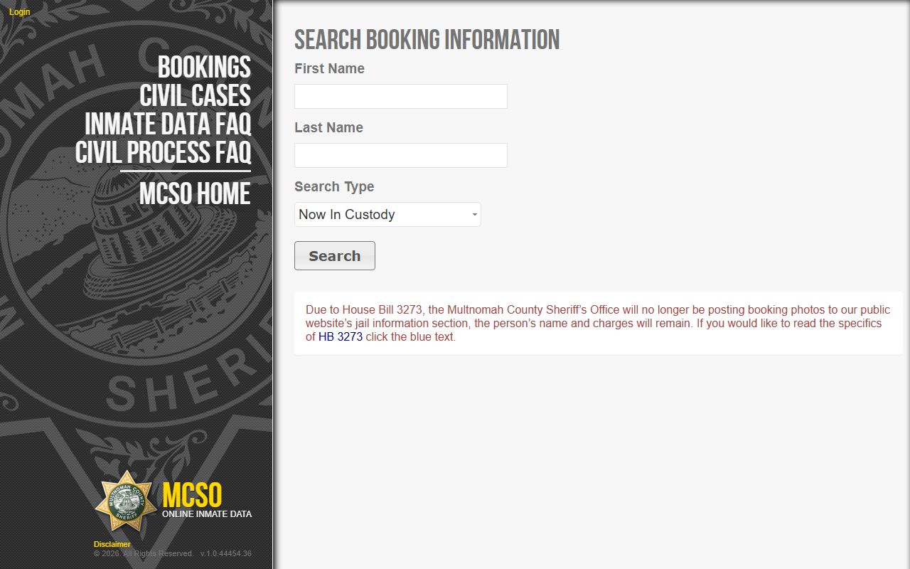 Multnomah County inmate data search tool for booking records