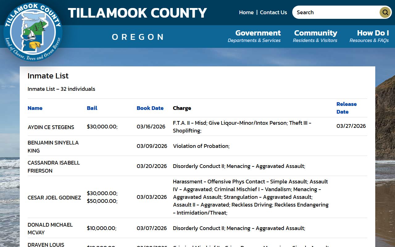 Tillamook County inmate list table showing names, bail amounts, book dates, and charges