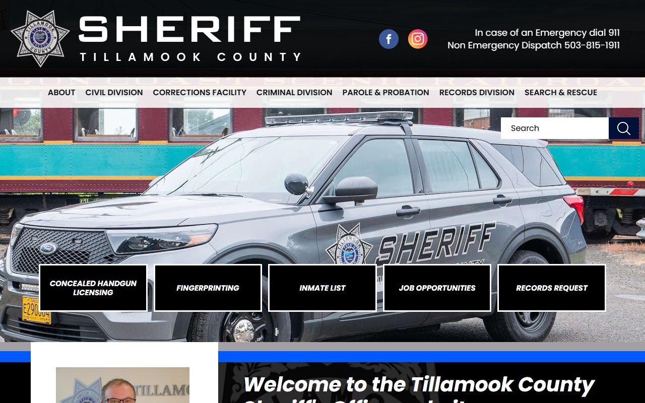 Tillamook County Sheriff website showing department information and contact details