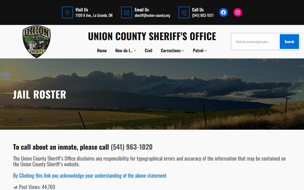 Union County jail roster page showing alphabetical inmate listing and weekly arrest report