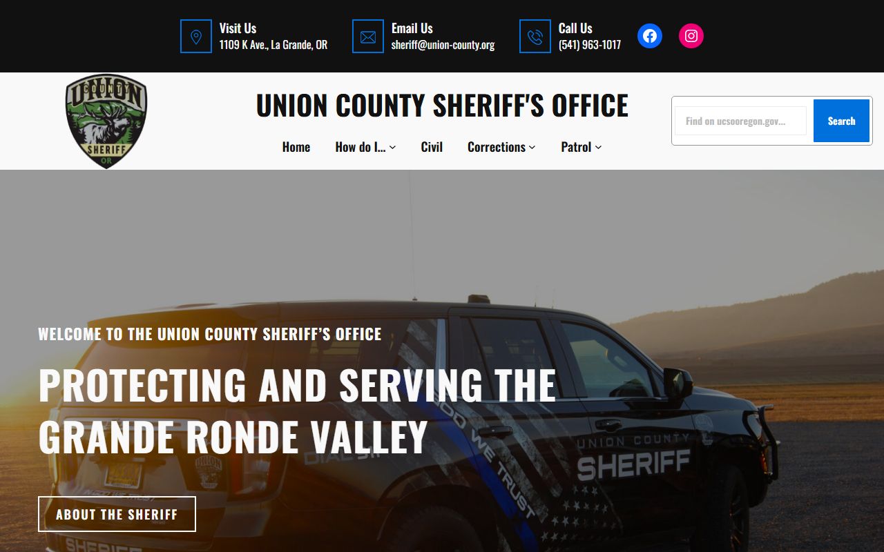 Union County Sheriff website showing department overview and services in La Grande