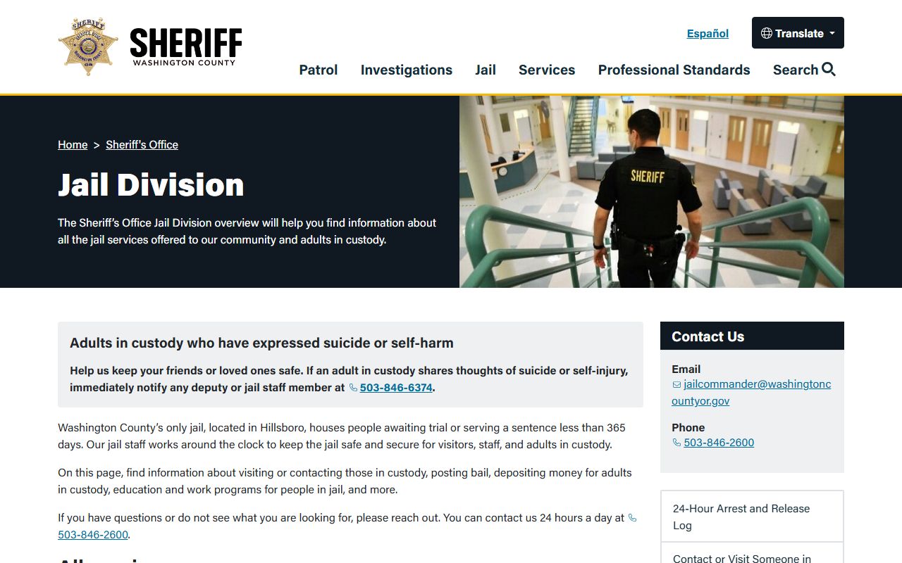 Washington County Sheriff jail page showing booking and release log