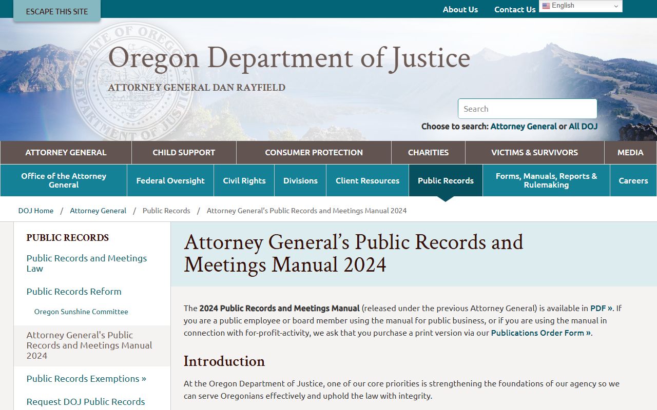 Oregon Attorney General public records manual for busted mugshots