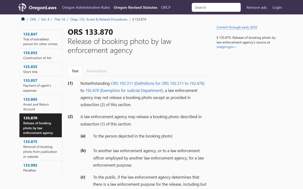 ORS 133.870 Oregon mugshot release law for busted mugshots